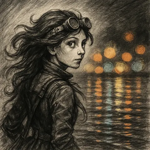 Charcoal-sketched Steampunk Figure with Flowing Hair Glances Curiously Sideways