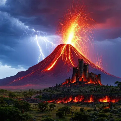 Volcano and Necropolis Under Lightning Skies