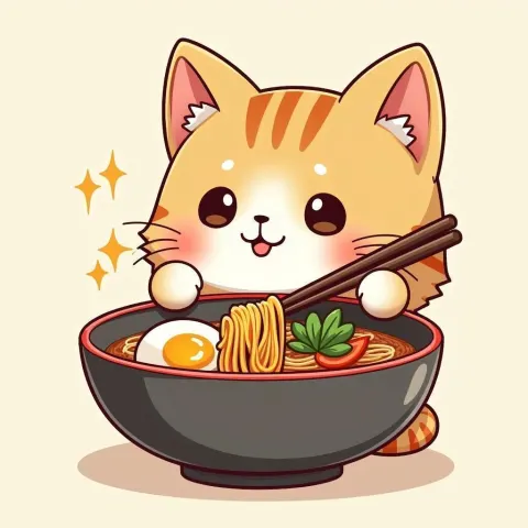 Kawaii Cat With Ramen in Technical Linework