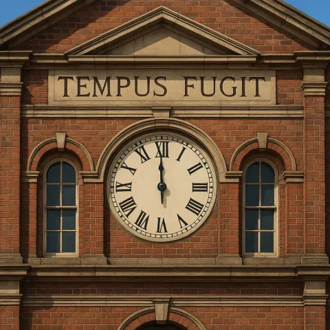 Historic Building Facade Featuring a Central Clock Showing 12 O'clock