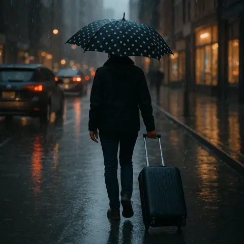 Person Walks on a Rainy City Street Holding a Polka-dot