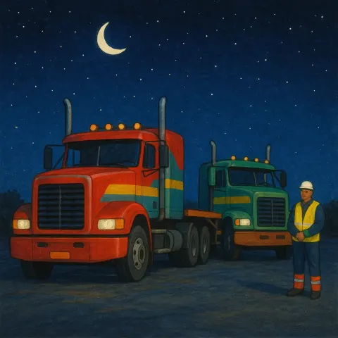 Two Colorful Trucks and a Trailer