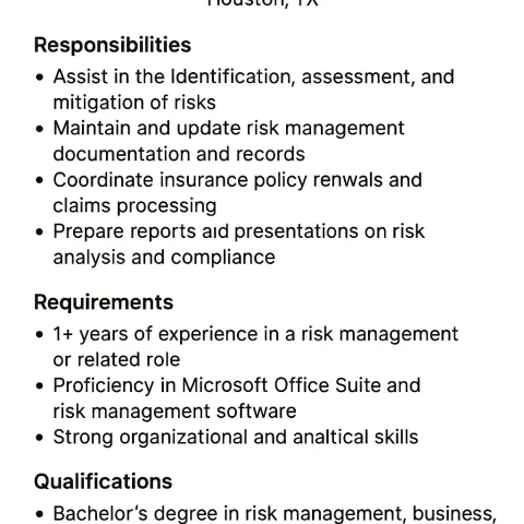 Job Posting for a Risk Management Assistant Position in Houston