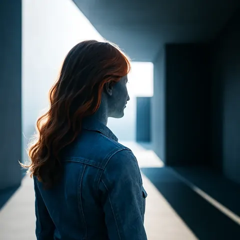 Sculptural Figure in Denim with Auburn Hair