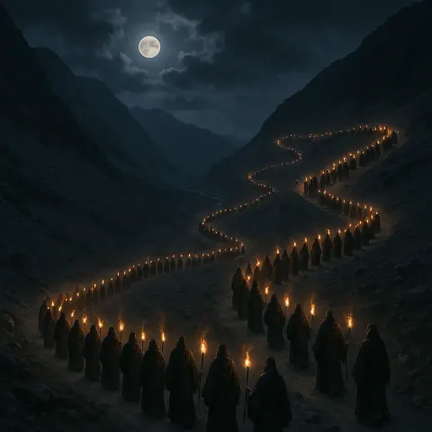 Winding Procession of Hundreds of Robed Figures