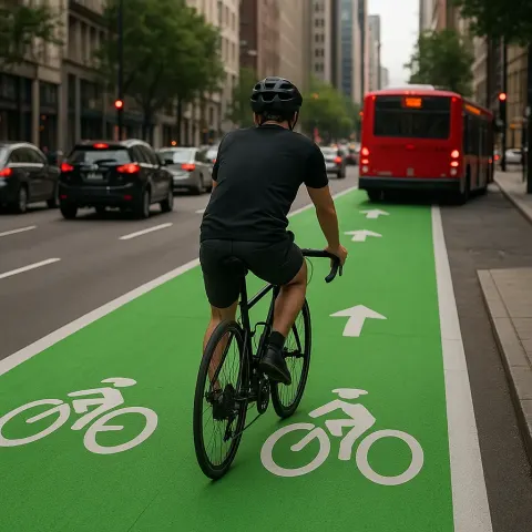Cyclist Rides Along a Green-marked Bike Lane on a City