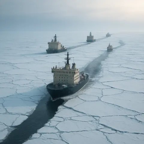 Distant Flotilla of Icebreaker Ships Carves a Path