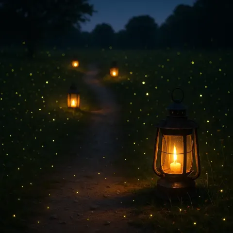 Lanterns Radiating Light Illuminate a Rugged Trail at Twilight