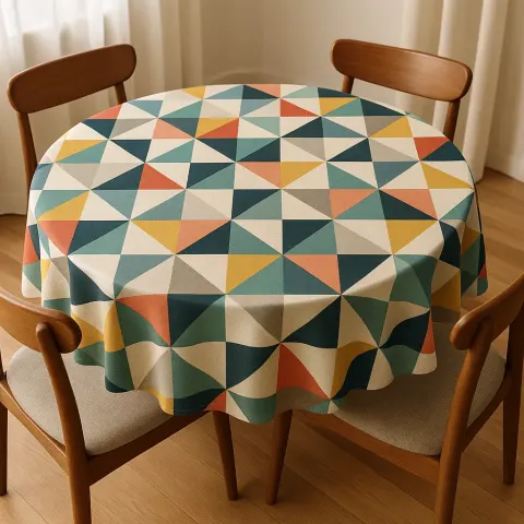 Circular Dining Table Covered with a Patterned Tablecloth