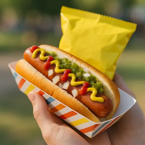 Hand Holding a Hot Dog in a Colorful Paper Tray