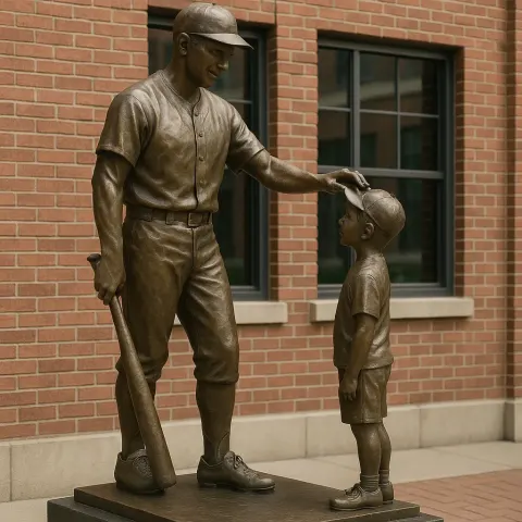 Bronze Statue of a Baseball Player Holding a Bat