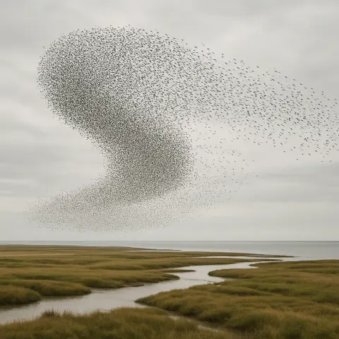 Vast Murmuration of Thousands of Starlings Sweeps in Complex Patterns