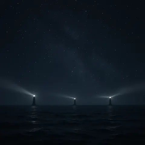 Three Distant Lighthouses Cast Faint