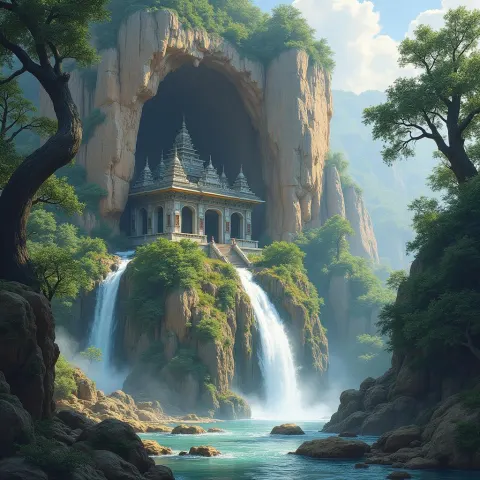 Mountain Temple Above a Cascading Waterfall