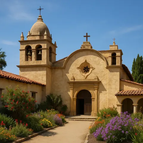 Historic Spanish-style Mission Church with a Bell Tower