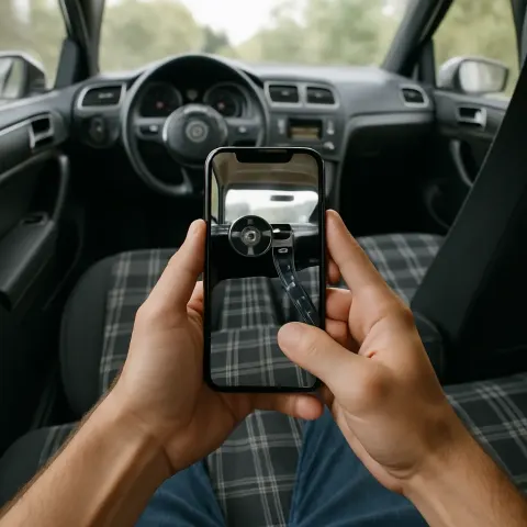 Person Holding a Cellphone Camera Inside a Car