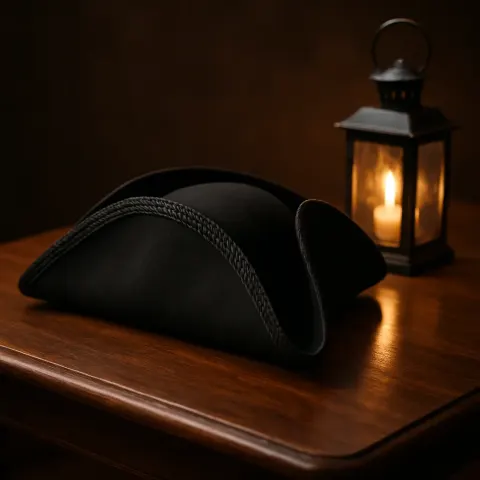 Sleek Black Tricorn Hat Placed Atop a Smooth Wooden Table