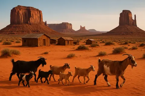 Group of Goats Walking Across a Red Desert Landscape