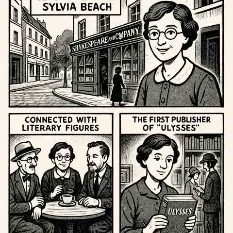 Black-and-white Comic Panel Highlighting the Life of Sylvia Beach
