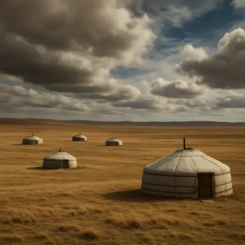 Sparse Handful of Nomadic Yurts Stands Scattered Across a Vast