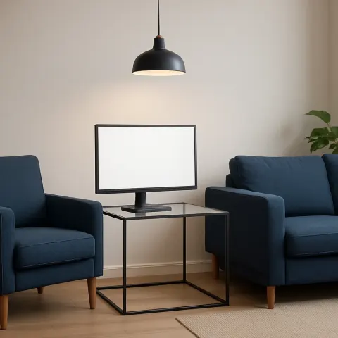 Contemporary Living Room Design Features a Streamlined Flat-screen Monitor Resting