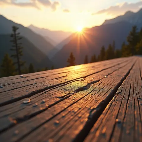 Macro Deck Plank Against a Mountain Valley