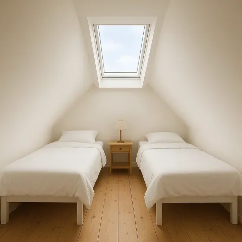 Minimal Attic Bedroom with Two White Single Beds