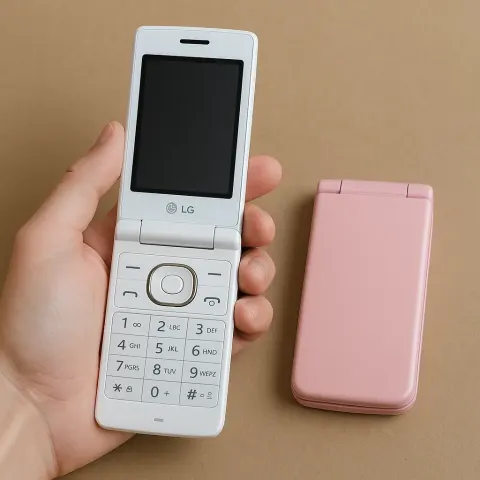 Person Displays a White LG Flip Phone with a Touchscreen