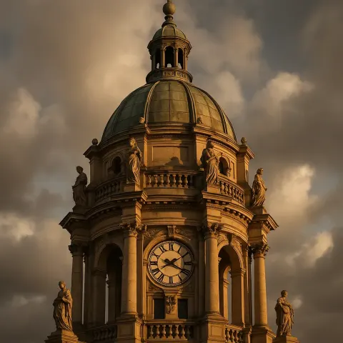 Historic Clock Tower Dome with Ornate Columns and Statues