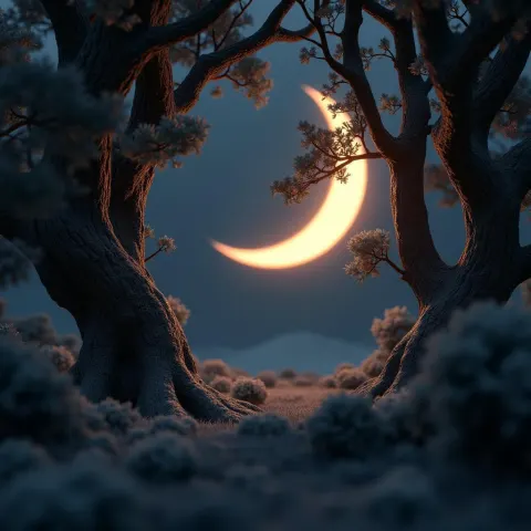 Crescent Moon Framed by Night Branches