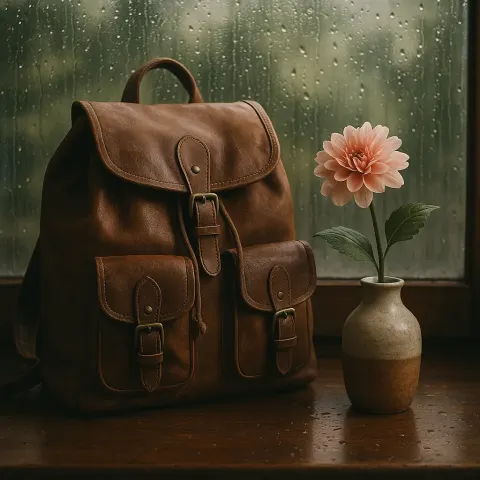 Serene Rainy Scene with a Classic Backpack