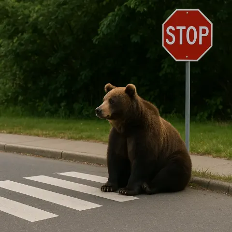 Image of a Bear Positioned Beside a Pedestrian