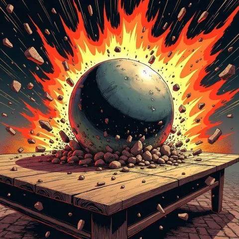 Steel Ball Shattering a Wooden Table