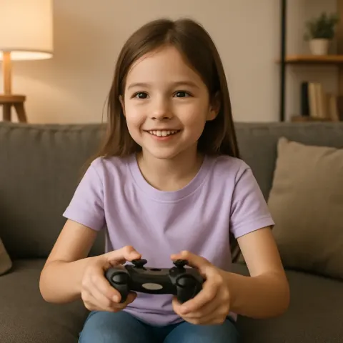 Girl Wearing a Light Purple Shirt Plays a Video Game