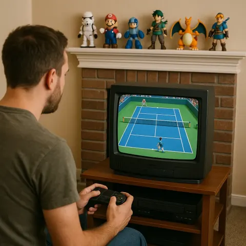 Man Plays a Tennis Video Game on a CRT TV