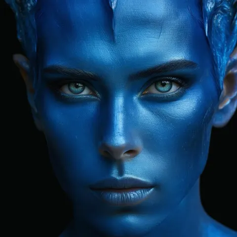 Blue Genasi Portrait With Film Grain