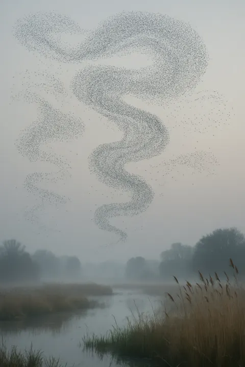 Vast Flock of Migratory Birds Forms Intricate