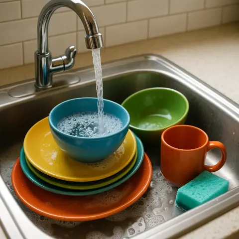 Kitchen Sink with Flowing Water and Vibrant Dishes Inside It
