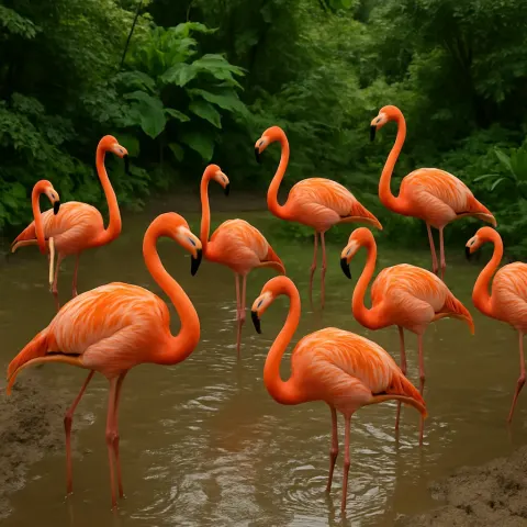 Group of Vibrant Pink Flamingos Standing in a Muddy Water