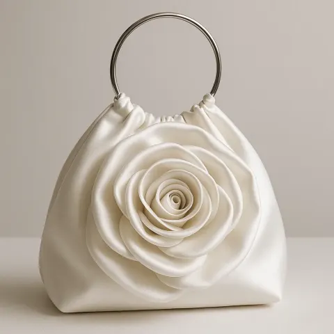 White Satin Handbag with a Large Rose Design