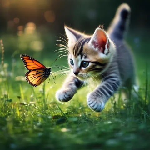 Kitten Pouncing on a Golden Butterfly