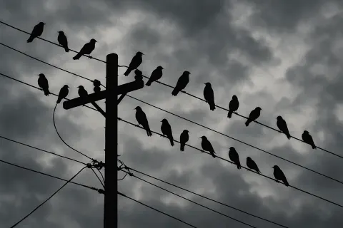 Silhouetted Birds Perched on Wires Connected to a Utility Pole