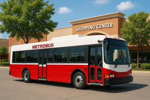 Red and White Local Metrobus Parked near a Shopping Center
