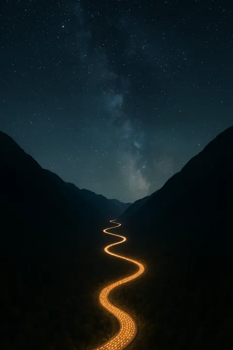 Seemingly Endless River of Countless Tiny Vehicle Lights Snakes