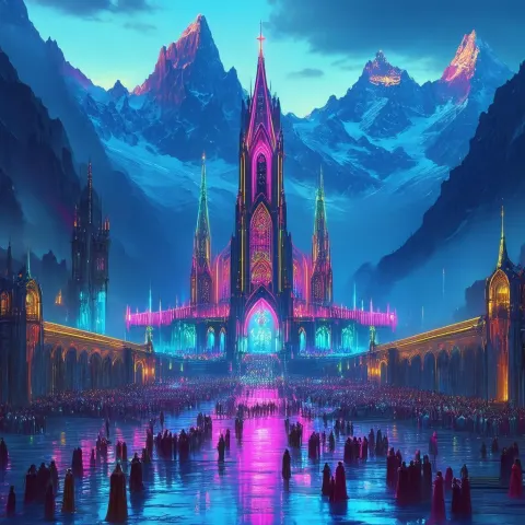 Neon Gathering Beneath a Gothic Church