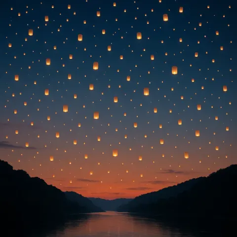 Countless Tiny Paper Lanterns Float Upwards into a Twilight Sky