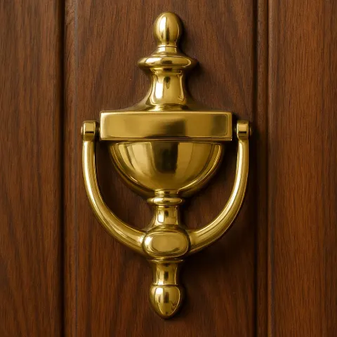 Brass Doorknocker with a Polished Finish Attached to a Door