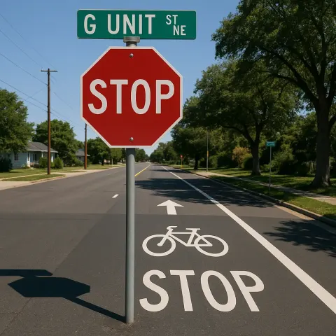 Street Intersection with Prominent "STOP" and Bike Lane Signs