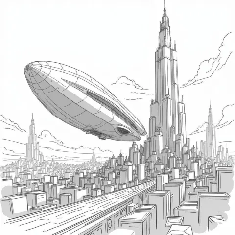Zeppelin Spaceship Sketched Over the Metropolis