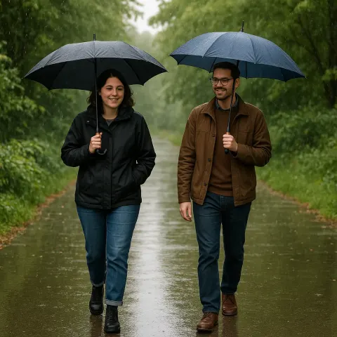 Two Individuals Walking Outdoors in the Rain with Umbrellas
